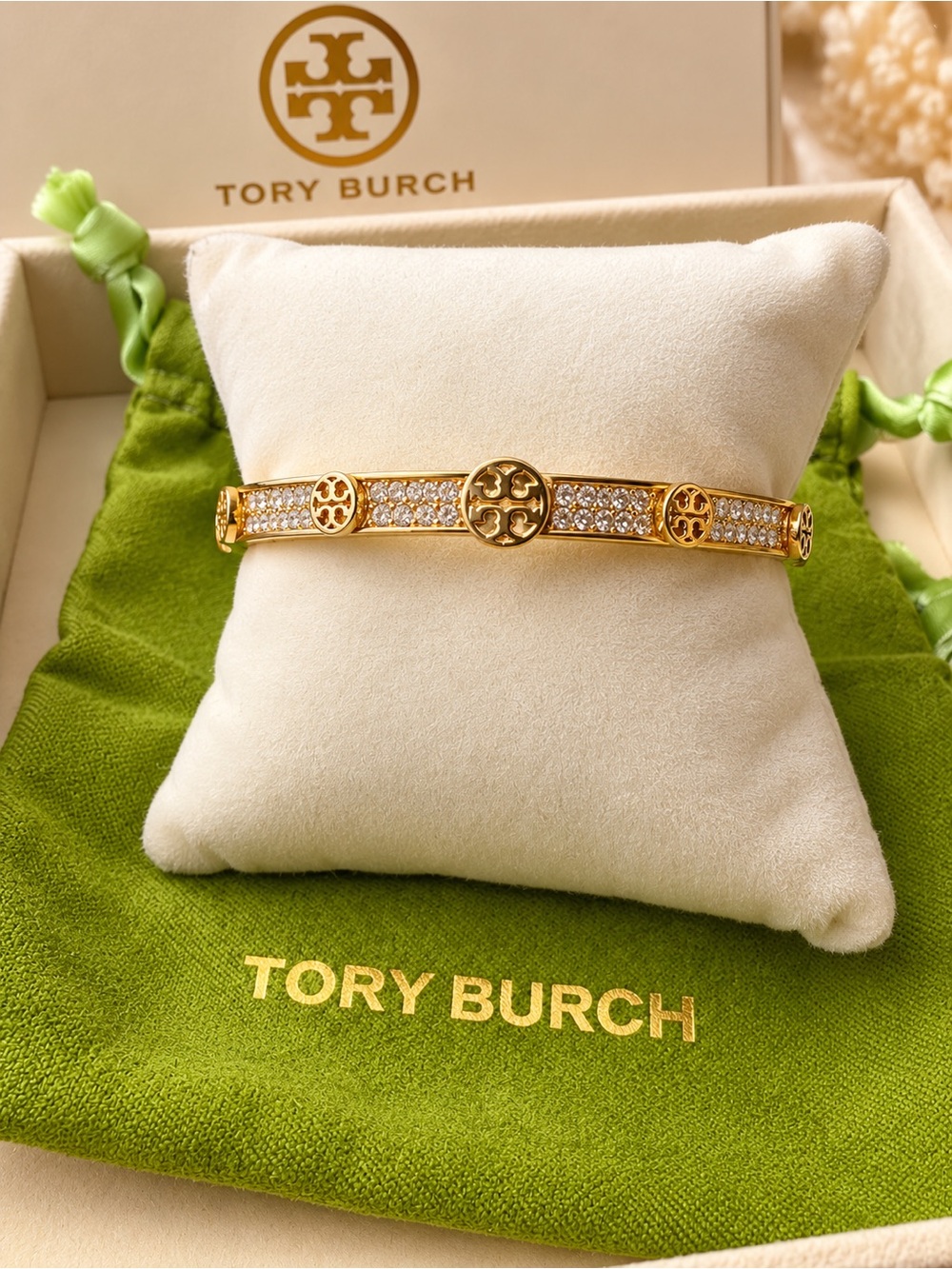 Tory Burch Gold Crystal Logo Slim Bracelet